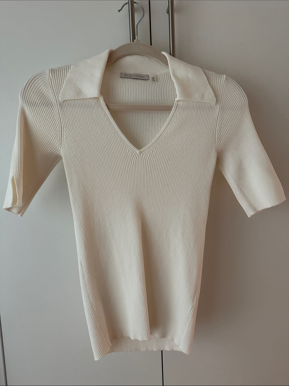 Work once. Elie Tahari Cream Ribbed V-Neck Polo